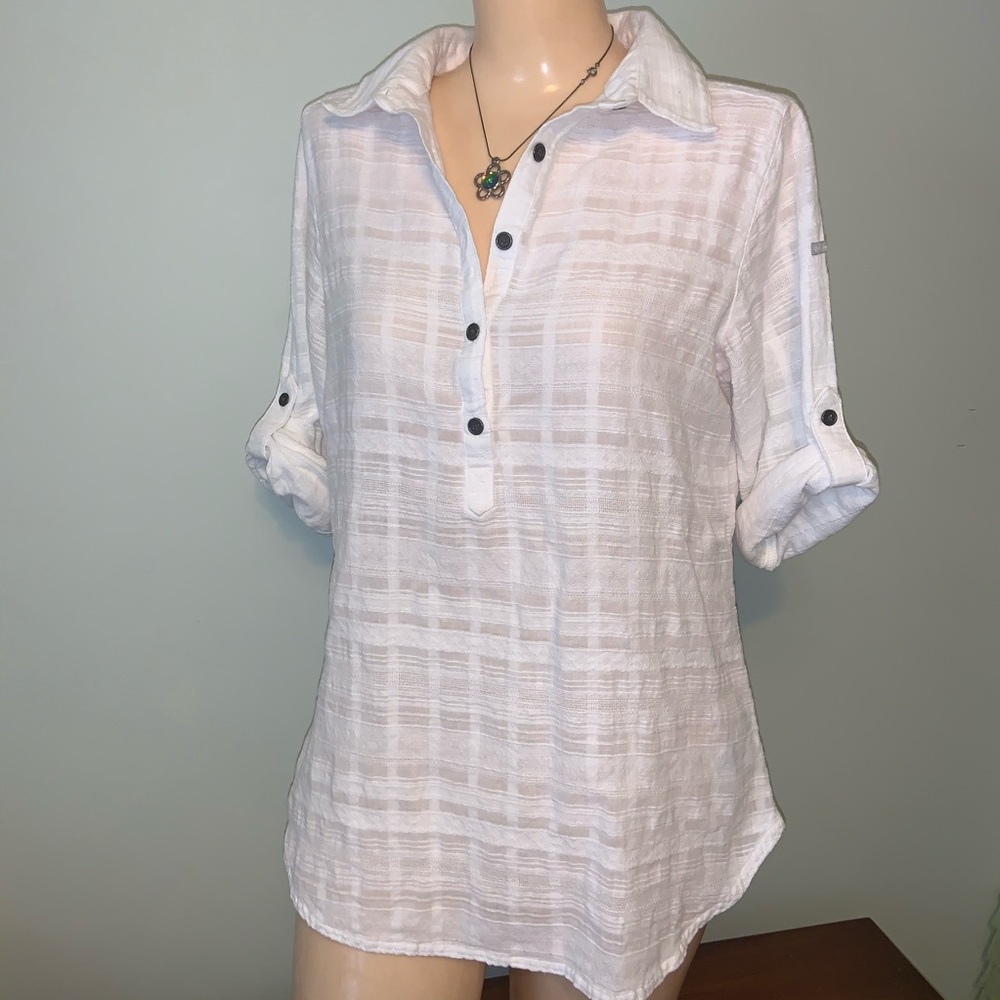 Columbia White 3/4 Length Button Up Sleeve Top Med
